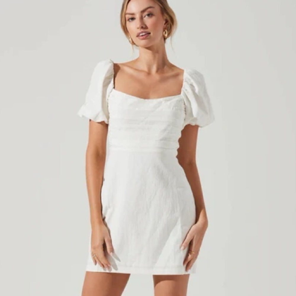 ASTR The Label Linen Pleat Front Mini Dress Puff Sleeve White Womens Size Medium